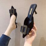 Women’s Versatile Rhinestone High-heeled Slip-on Mules, Perfect for Wearing Outside, Pencil Heel-RV1376