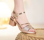 Women’s Mid-Heel Sandals, Pleated Beads, Crystal Heels Shoes, Box heel-NC13