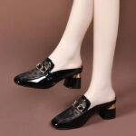 Women’s High-Heeled Slippers, Elegant Cowhide & Mesh—Box Heel-RV2514