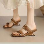 French Retro Woven Belt Buckle Open Toe Wedge Sandals for Women, Box Heel-RV1424