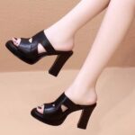 Women’s Soft Leather High-Heeled Chunky Heel Sandals with Thick Sole, Pencil Heel – RV1498